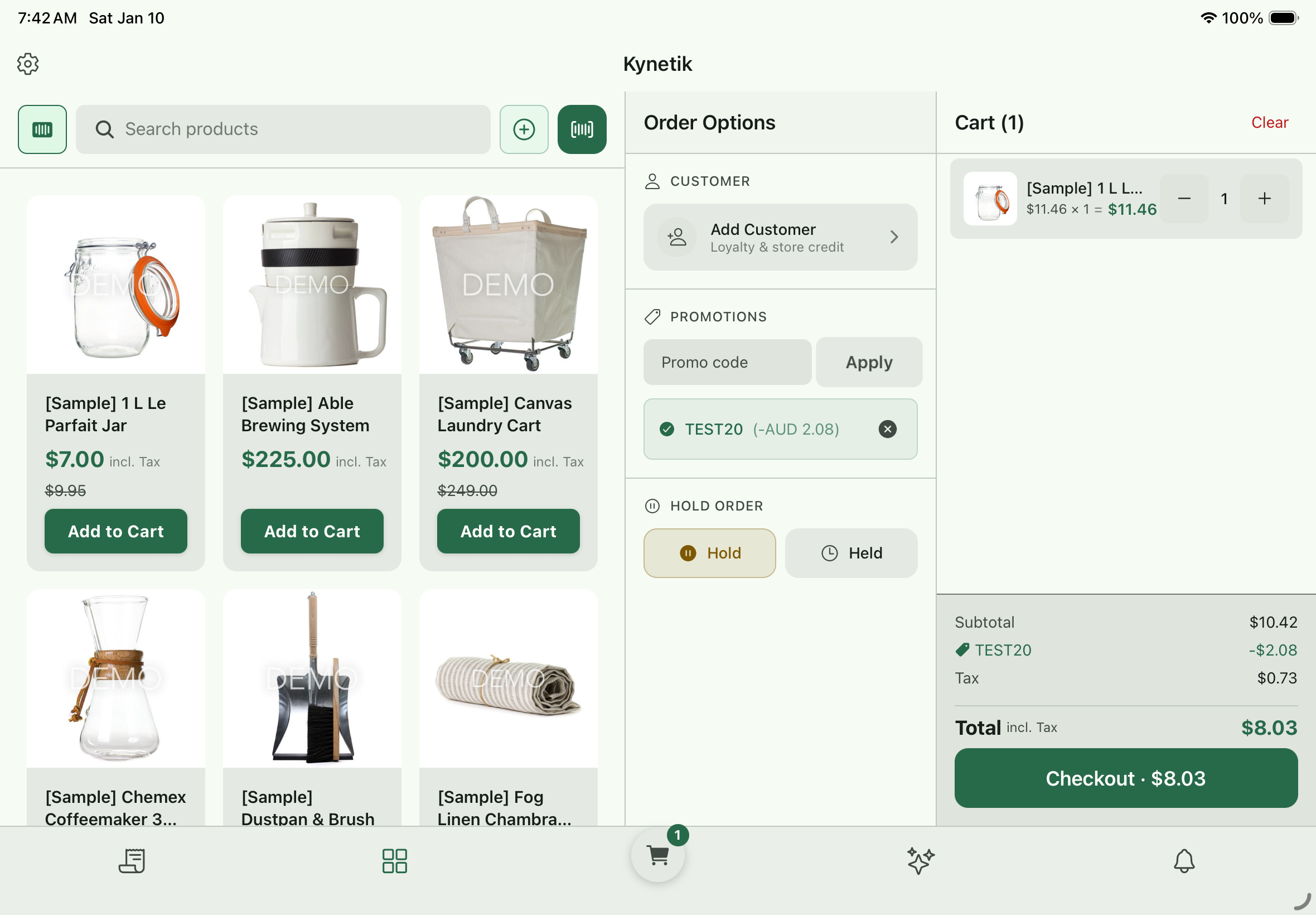 Kynetik POS showing a BigCommerce coupon applied at checkout